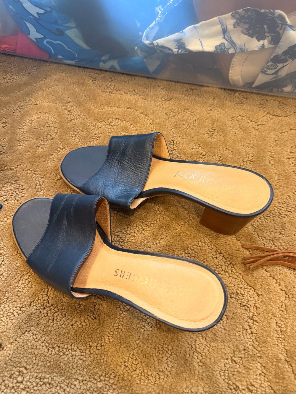 Jack Rogers Navy Leather Slide Sandals with Tan Insole and Brown Block Heel